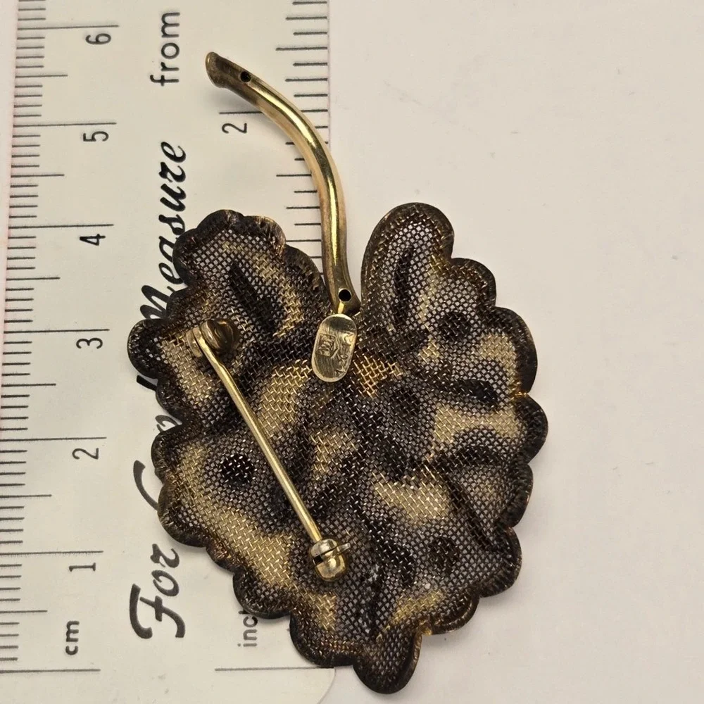 W&H Leaf Brooch Gold Excellent 12K GF Mesh Faux Pearl Vintage Pin